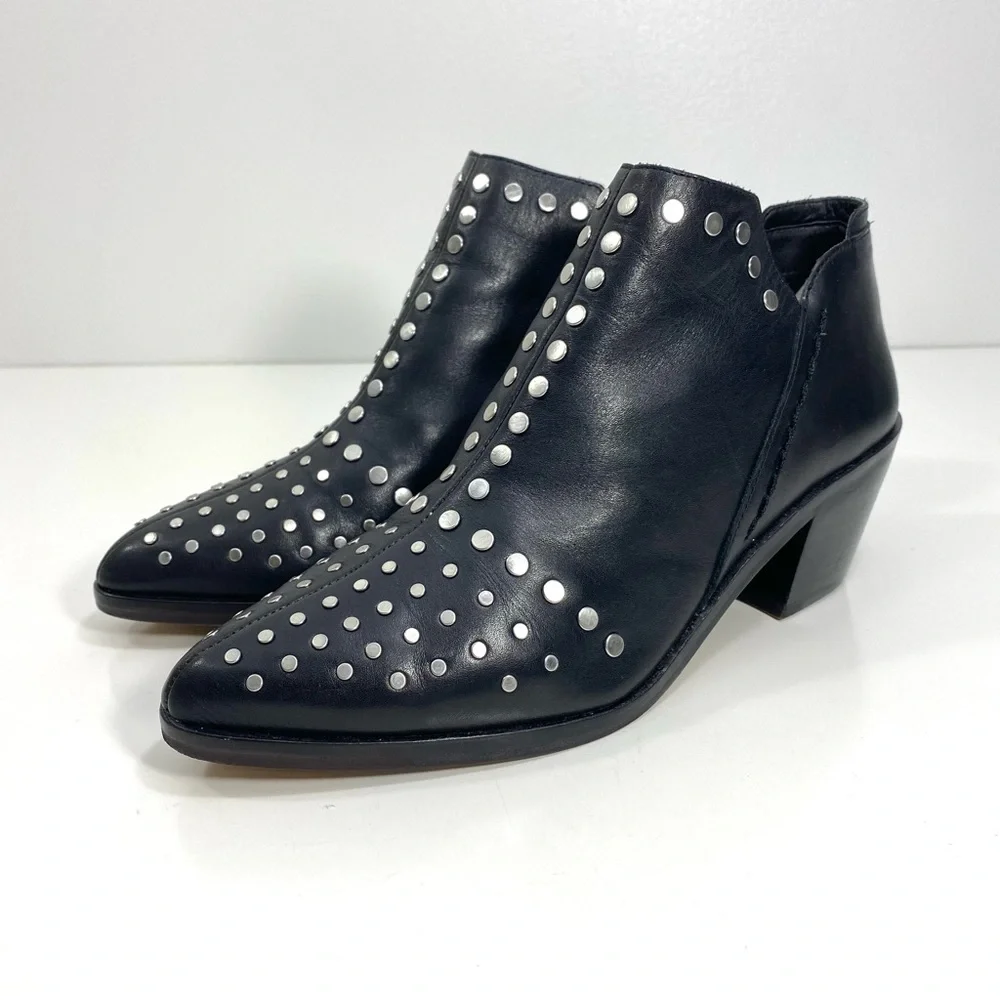 1. State Loka Black Leather Silver Studded Moto Biker Rock Western Ankle Boots 6